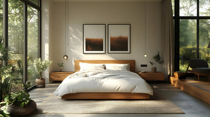 Modern minimalist bedroom with large windows, wooden furniture, and a plush bed.