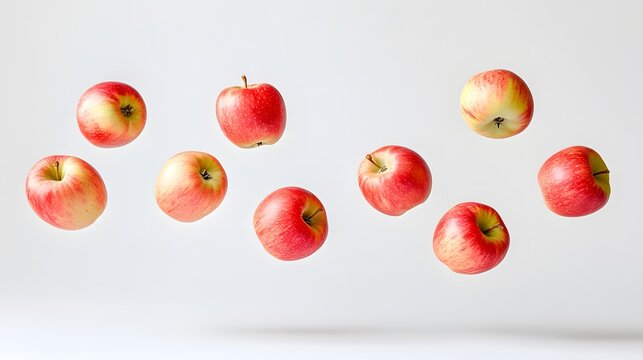 Crisp apples in various stages of freefall against a white backdrop