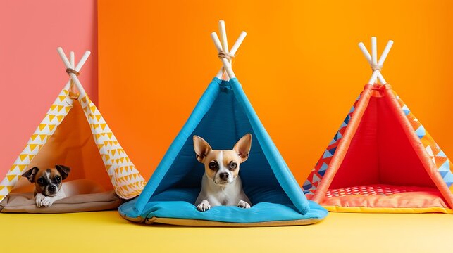 multicolored wigwams for dogs isolated on colorful background