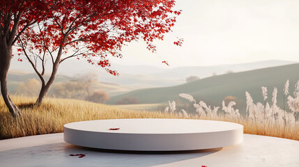 An elegant podium in the landscape of beautiful countryside, background for e-commerce product promotion