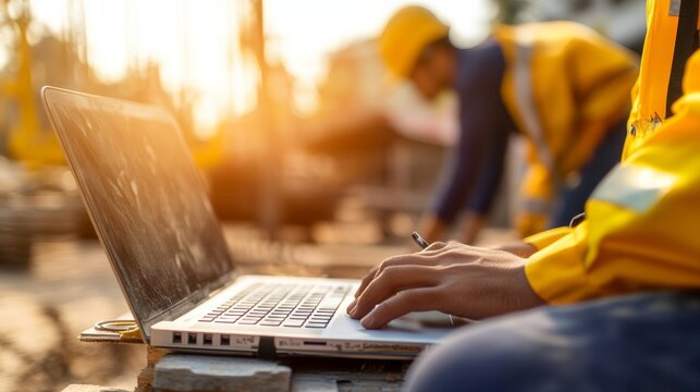 Diverse Team of Specialists Use Laptop on Construction Site. Real Estate Building Project with Engineer Investor and Businessman Checking Area working on Civil Engineering Discussing Strategy Plan
