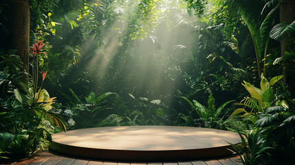 podium with tropical jungle background