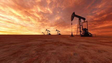 Naklejka premium Oil pump jacks extracting petroleum in barren desert during sunset. Concept of energy production, fossil fuel industry, and environmental impact
