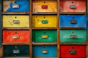 Colorful vintage filing cabinet with organized folders in open drawers for efficient office data management