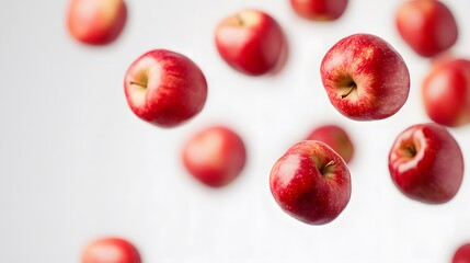 Cluster of apples falling with clear depth on a white background
