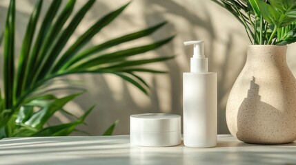 White cosmetic bottle and jar with a plant in a pot.