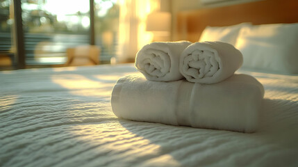 Two white towels rolled up on a bed in a hotel room with morning sunlight streaming through the window.