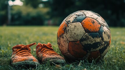 Close up shot of a worn soccer ball with orange cleats on a grass field.