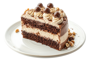 Delicious chocolate cake slice with creamy frosting, topped with chocolate balls and nuts, perfect for dessert lovers cut out isolated transparent PNG