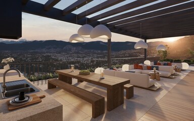 Terraza lounge en atardecer, 3d render