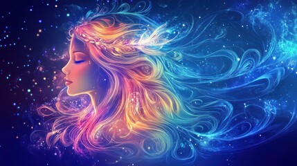 A woman with glowing hair, surrounded by swirling light and stars, appears to be on a journey of self-discovery.