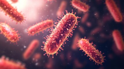 Microscopic view of red virus with spikes floating against blurred background.