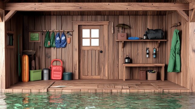 Wooden boathouse on calm waters with organized storage of tools and equipment.