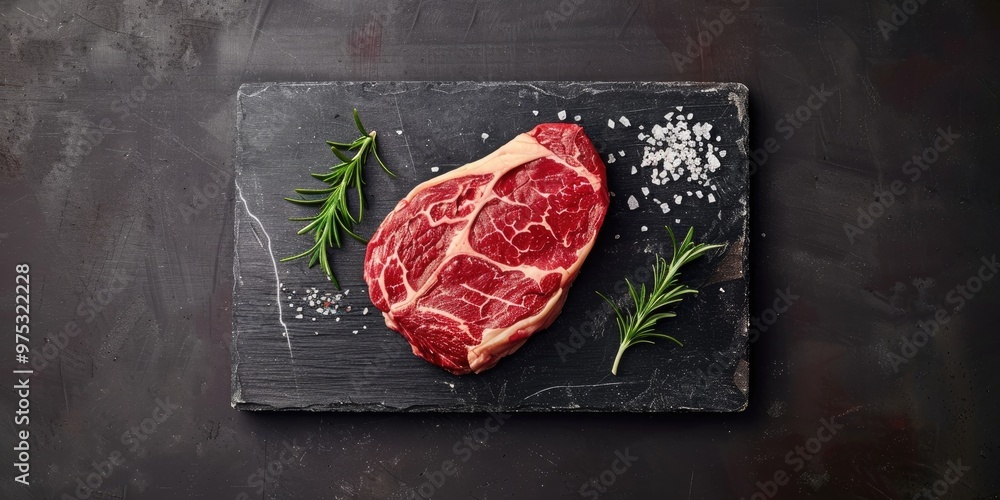 Poster aerial perspective of a fresh raw ribeye steak displayed on a stone surface with available space for
