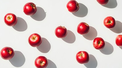 Apples falling with full detail and shadows on a white background