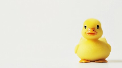 Adorable yellow duckling with fuzzy feathers looking at the camera on a white background.