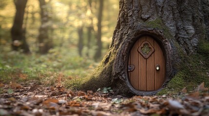 Wooden fairy door installed at the base of a tree trunk in a forest setting. Fantasy and rustic concept for design and print.