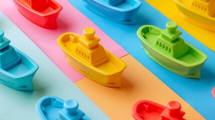 Naklejka premium Plastic ships colorful kids education toys pattern closeup isolated on colorful background
