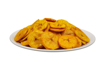 Banana chips in the white plate isolated transparent