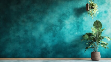 The teal color of cement wall has a rough texture and plain color. It can be used as a background and decorated with various materials to make it look outstanding.