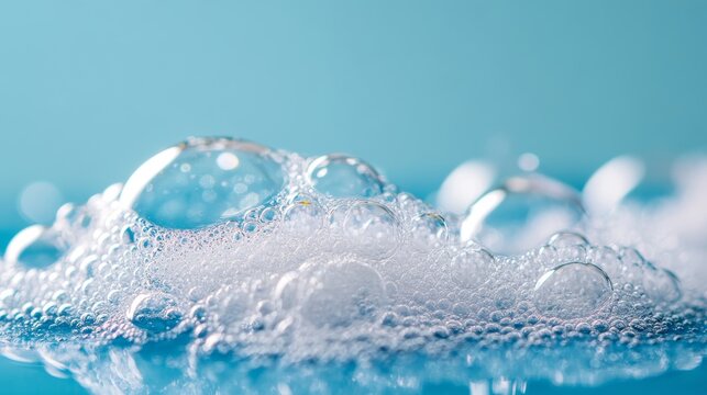 Detergent foam bubble on water. Blue background Soap sud