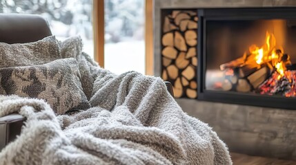 Cozy Blanket on a Chair by a Fireplace.