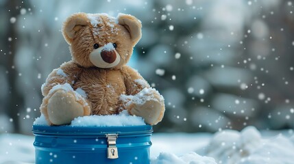 Plush teddy bear on blue lid with blue lock in snowy landscape with blurred background
