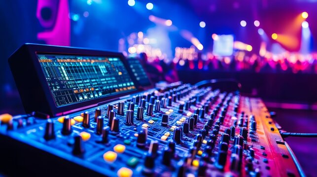 Professional sound engineer console at concert. Remote control for sound engineer. Professional audio sound mixer console and music equipment electronic device. Remote concert sound engineer at work.