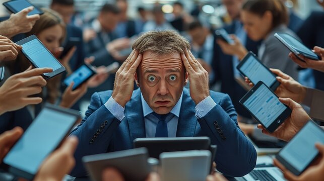 Overwhelmed Businessman Surrounded by Tablets and Smartphones