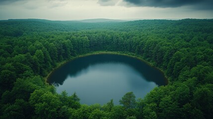 Aerial View of a Circular Lake Surrounded by Forest.