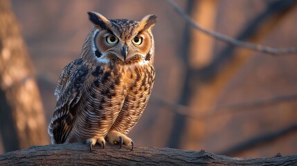 Obraz premium Great Horned Owl Perched on a Branch.