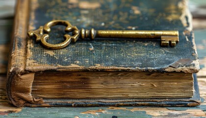 A lone, antique gold key lying on a faded, leatherbound book