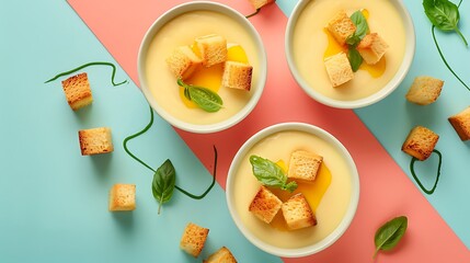 Potato cream soup with croutons in craft containers isolated on colorful background