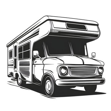recommend clip art: Black and white illustration of a vintage RV.