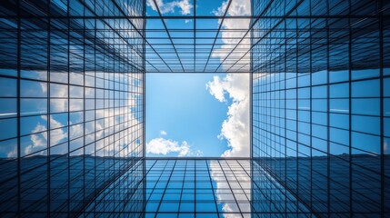 Obraz premium Sky Reflected in Glass Facade of Modern Building.
