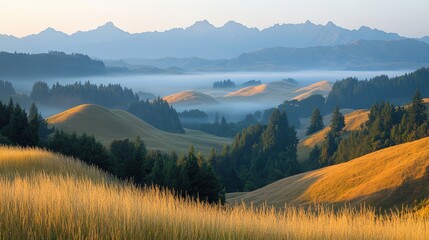 Misty Morning Landscape with Mountain Peaks.