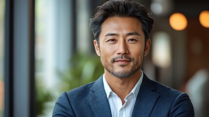 Obraz premium Portrait of handsome and confident middle-aged Asian business man isolated on office background. bokeh effect. with generative AI