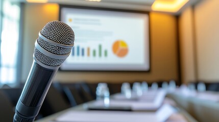 Close up Microphone with presentation slide show on projector screen background in meeting room