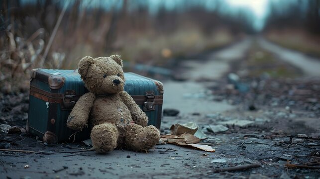 ragged teddy bear by a suitcase at the side of a dirty road