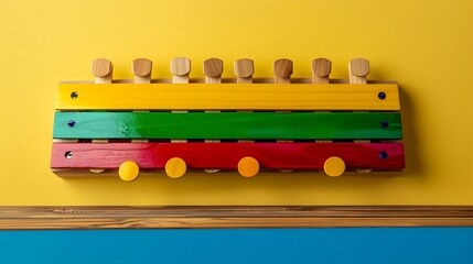 Naklejka premium Rainbow colored wooden xylophone on wooden table isolated on colorful background