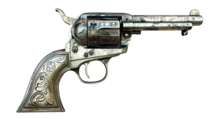 An old silver revolver on transparent background