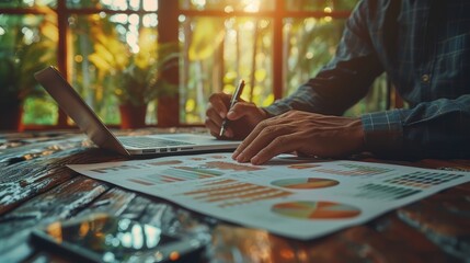 Obraz premium Businessman working with financial charts and analysis data on an office desk, using a laptop computer and smartphone to help the company engaged in business planning or market research for operationa