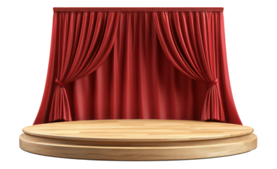 Elegant Red Curtain on Wooden Round Stage, Dramatic Scene Setup for Theater or Event Venue