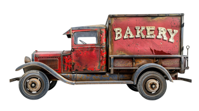 Old bakery delivery truck with sign BAKERY on it on transparent background