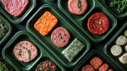 Pattern of green trays with vegetarian meat substitute products plant based mock meat