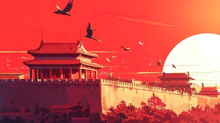 National Day poster background material illustration, minimalist ink painting
