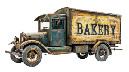 Old bakery delivery truck with sign BAKERY on it on transparent background