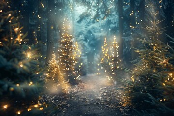 Enchanting forest path lined with Christmas trees adorned in shimmering lights during winter twilight