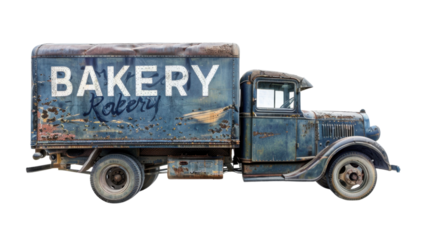 Old bakery delivery truck with sign BAKERY on it on transparent background