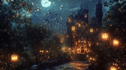 Enchanted Castle with Glowing Lanterns and Magical Creatures | Fantasy Art